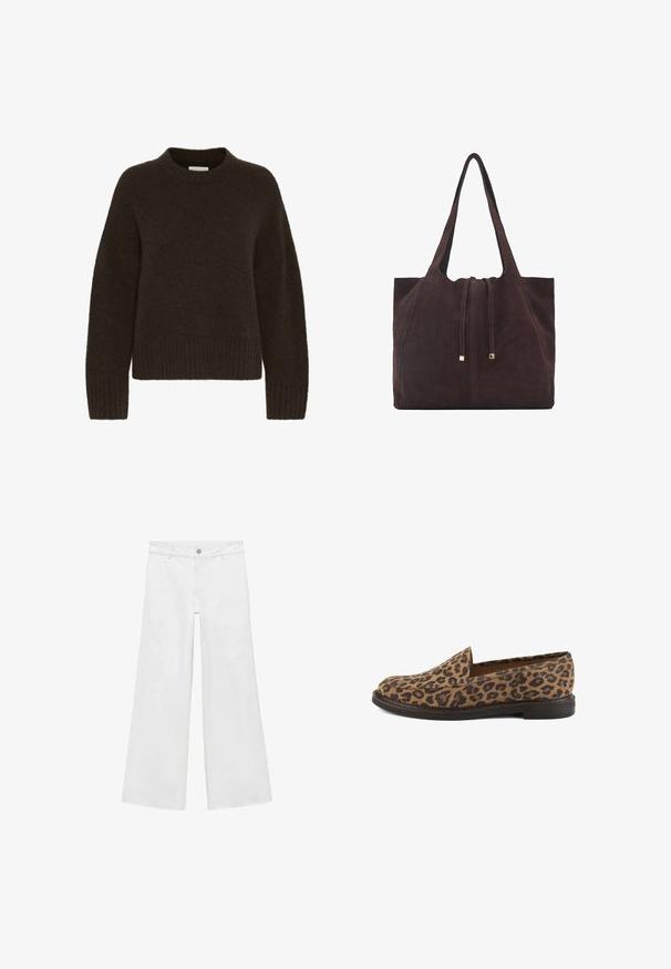 Bruine gebreide trui met een ronde hals en lange mouwen, met een geribbelde structuur aan de zoom en mouwen. Zacht en comfortabel materiaal.; Witte, wijde jeans met een knoopsluiting en vijf zakken, vervaardigd uit denim met een soepele textuur, met een klassiek ontwerp.; Lepaardprint instap schoenen met een platte zool, voorzien van een gladde, gestructureerde oppervlakte en een rondt bij ontwerp.; Mango Shopper - dark brown