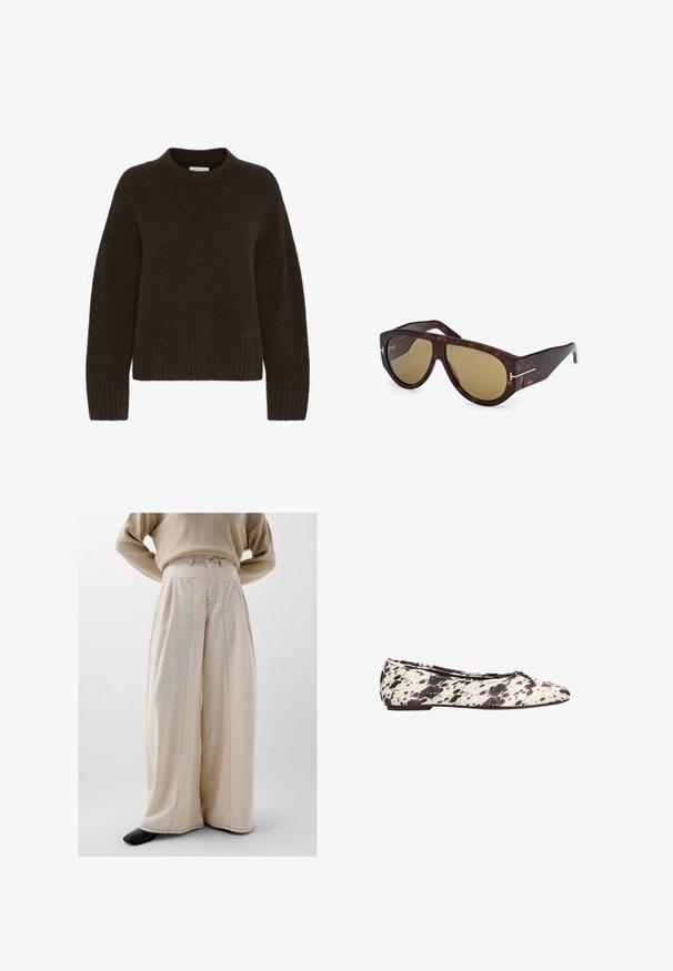 Brauner Strickpullover mit Rundhalsausschnitt und langen Ärmeln, ausgestattet mit einem gerippten Muster am Saum und an den Bündchen. Weiches und kuscheliges Material.; Beige weit geschnittene Hose aus strukturiertem Stoff, mit hoher Taille, Vorderfalten und sichtbaren Nähdetails.; Schwarz-weiß gepunktete Ballerina mit einem kleinen Schleifen-Design auf der abgerundeten Zehe und niedrigem Absatz, seitlich auf einem weißen Hintergrund abgebildet.; Tom Ford BRONSON - Sonnenbrille - dark havana