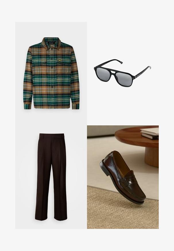 Maglione bordeaux con scollo tondo, maniche lunghe e polsini e orlo a coste, realizzato in un morbido tessuto testurizzato.; Camicia di flanella a quadri verde, marrone e nera con abbottonatura frontale, due tasche sul petto e un piccolo logo ricamato sulla tasca sinistra.; Pantaloni marroni su misura con design a gamba dritta, caratterizzati da una piega frontale, texture liscia e una vita classica. Adatti per abbigliamento formale.; Mocassini in pelle marrone con finitura lucida, caratterizzati da un dettaglio cucito sulla parte anteriore e una suola in gomma nera a profilo basso.; Occhiali da sole neri con montatura rettangolare, lenti grigie oscurate e design con intaglio sul ponte. Materiale plastico lucido e slanciato, con tempie sottili.