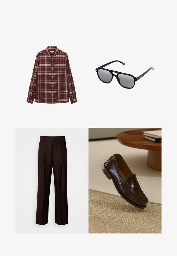 Bordeaux sweater med rund hals, lange ærmer og ribbede manchetter og bund, lavet af blødt, struktureret stof.; Bordeauxternet skjorte med lange ærmer, knaplukning foran og brystlomme. Har hvide og gule striber i et ternet mønster.; Brune skræddersyede bukser med lige ben, featuring en frontfold, glat texture og klassisk talje. Egnet til formelt brug.; Brune læder loafers med en blank overflade, der har en syet detalje over fronten og en lavprofil sort gummisål.; Sorte solbriller med rektangulære rammer, gråt tonede linser og en broudskæring design. Slankt, glat plastmateriale med smalle stænger.