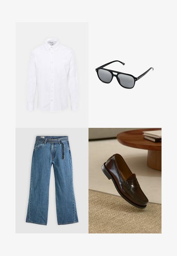 Burgundský svetřík s kulatým výstřihem, dlouhými rukávy a žebrovanými manžetami a lemem, vyrobený z měkké strukturované látky.; Bílá košile s knoflíky vyrobená z bavlny. Obsahuje klasický límec, přední kapsu a dlouhé rukávy. Hladká textura s jemným leskem.; Modré denimové široké džíny s připojeným opaskem, předními kapsami a viditelným šitím na světlém jednobarevném pozadí.; Hnědé kožené loafery s lesklým povrchem, zdobené prošíváním vpředu a nízkoprofilovou černou gumovou podrážkou.; Černé sluneční brýle s obdélníkovými rámy, šedými tónovanými skly a designem s výřezem ve střední části. Hladký, lesklý plastový materiál, s úzkými stranami.