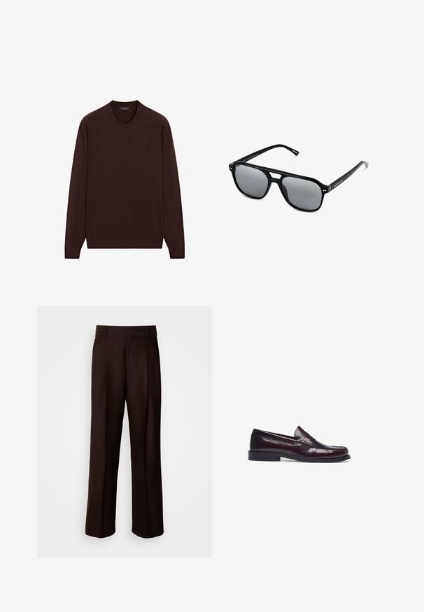 Bordeaux trui met een ronde hals, lange mouwen en geribbelde boorden en onderkant, gemaakt van zacht, textuurstof.; Bruine op maat gemaakte broeken met een recht design, voorzien van een voorplooien, een gladde textuur en een klassieke tailleband. Geschikt voor formele gelegenheden.; Bordeaux leren instapschoenen met een gestikte teendetail, platte hak en een soepele afwerking. Kenmerkt zich door een klassiek penny-slotontwerp op de wreef.; Zwarte zonnebril met rechthoekige montuur, grijs getinte glazen en een uitgesneden ontwerp bij de neusbrug. Strak, glanzend kunststof materiaal met smalle veren.