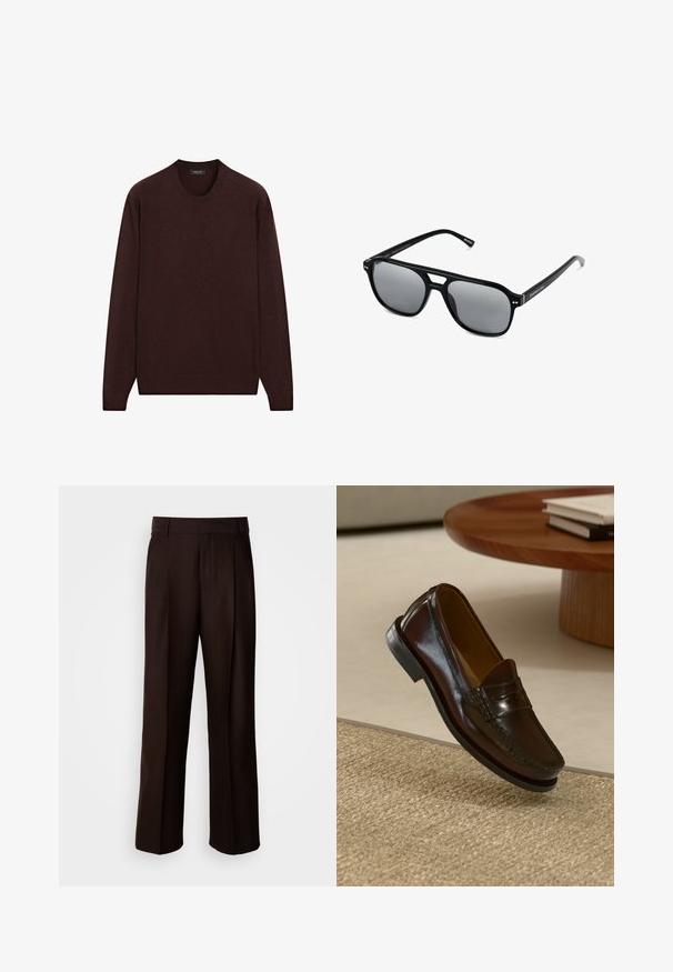 Burgunderfarbener Pullover mit Rundhalsausschnitt, langen Ärmeln sowie gerippten Bündchen und Saum, aus weichem, strukturiertem Stoff gefertigt.; Braune maßgeschneiderte Hose mit geradem Bein, versehen mit einer vorderen Falte, glatter Textur und klassischem Bund. Geeignet für formelle Anlässe.; Braune Leder-Lederschuhe mit glänzender Oberfläche, die eine gestickte Detail entlang der Vorderseite und eine niedrigprofilierte schwarze Gummisohle aufweisen.; Schwarze Sonnenbrille mit rechteckigen Rahmen, grauen getönten Gläsern und einer Aussparung im Nasensteg. Schlanker, glänzender Kunststoff, mit schmalen Bügeln.