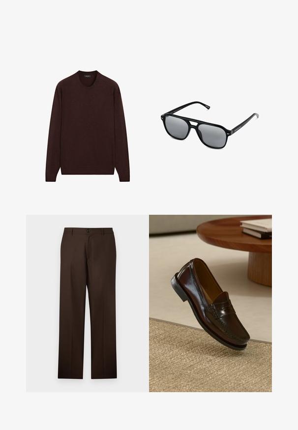 Burgundský svetřík s kulatým výstřihem, dlouhými rukávy a žebrovanými manžetami a lemem, vyrobený z měkké strukturované látky.; Hnědé kalhoty se střihem rovného nohavice, s knoflíkovým zapínáním a hladkou texturou látky. Žádné viditelné vzory ani ozdoby.; Hnědé kožené loafery s lesklým povrchem, zdobené prošíváním vpředu a nízkoprofilovou černou gumovou podrážkou.; Černé sluneční brýle s obdélníkovými rámy, šedými tónovanými skly a designem s výřezem ve střední části. Hladký, lesklý plastový materiál, s úzkými stranami.