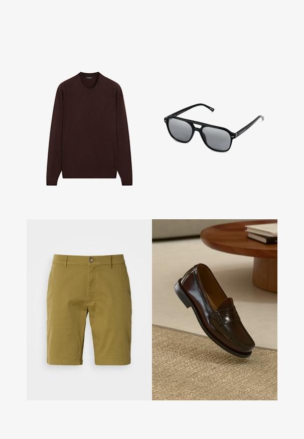 Burgunderfarbener Pullover mit Rundhalsausschnitt, langen Ärmeln sowie gerippten Bündchen und Saum, aus weichem, strukturiertem Stoff gefertigt.; Olivgrüne Shorts aus Baumwollmischung mit einem Frontknopfverschluss, Gürtelschlaufen und Seitentaschen. Glatte Textur, taillierte Passform.; Braune Leder-Lederschuhe mit glänzender Oberfläche, die eine gestickte Detail entlang der Vorderseite und eine niedrigprofilierte schwarze Gummisohle aufweisen.; Schwarze Sonnenbrille mit rechteckigen Rahmen, grauen getönten Gläsern und einer Aussparung im Nasensteg. Schlanker, glänzender Kunststoff, mit schmalen Bügeln.