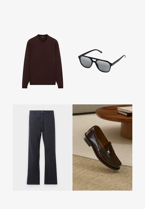 Burgundytröja med rund halsringning, långa ärmar och ribbade manschetter och nederkant, tillverkad av mjukt, strukturerat tyg.; Marina chinos i bomullsblandning, med rak passform, knapp-gylf och bälteshällor. Slät textur med minimal detaljering.; Bruna läderloafers med en glansig finish, som har en sömdekoration framtill och en lågprofilerad svart gummisula.; Svarta solglasögon med rektangulära bågar, gråtonade linser och en design med urtag i näsbryggan. Slank, glänsande plastmaterial, med smala skalmar.