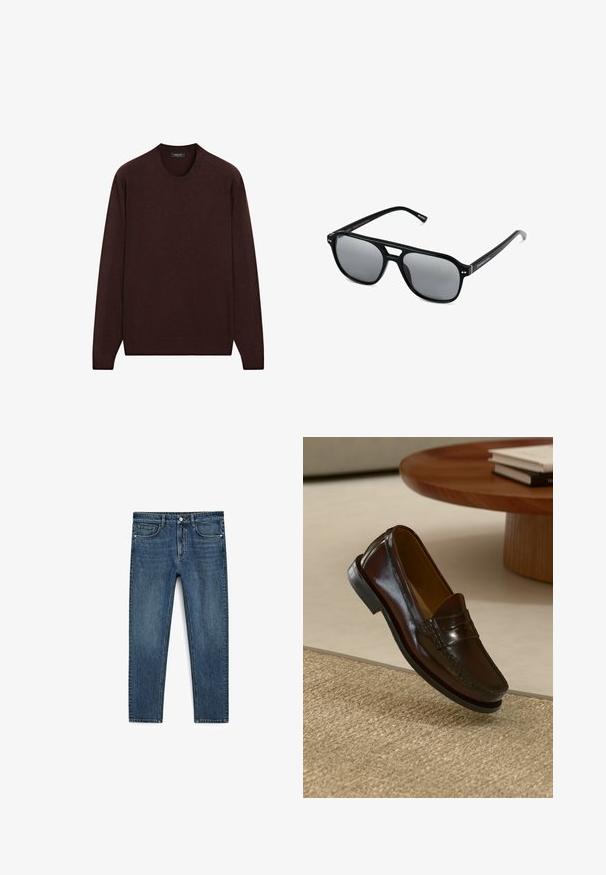 Bordeaux sweater med rund hals, lange ærmer og ribbede manchetter og bund, lavet af blødt, struktureret stof.; Blå denimjeans med lige ben-design, der har frontlommer og lynlås. Stoffet har en medium vask med subtil falmning.; Brune læder loafers med en blank overflade, der har en syet detalje over fronten og en lavprofil sort gummisål.; Sorte solbriller med rektangulære rammer, gråt tonede linser og en broudskæring design. Slankt, glat plastmateriale med smalle stænger.