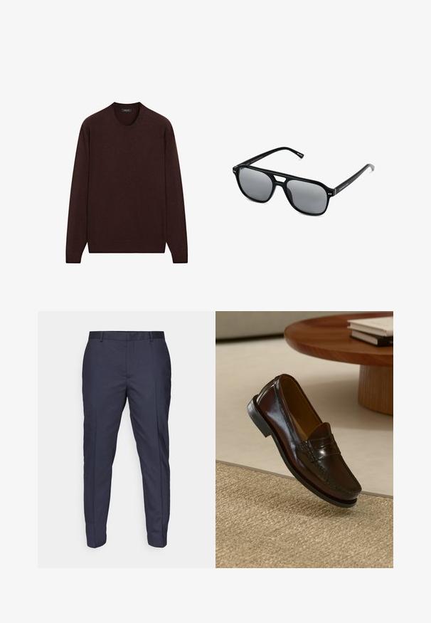 Bordeaux sweater med rund hals, lange ærmer og ribbede manchetter og bund, lavet af blødt, struktureret stof.; Marinebukser med en glat tekstur, slim fit design og presselinjer. Har bæltestropper og lynlåsgylf til lukning.; Brune læder loafers med en blank overflade, der har en syet detalje over fronten og en lavprofil sort gummisål.; Sorte solbriller med rektangulære rammer, gråt tonede linser og en broudskæring design. Slankt, glat plastmateriale med smalle stænger.
