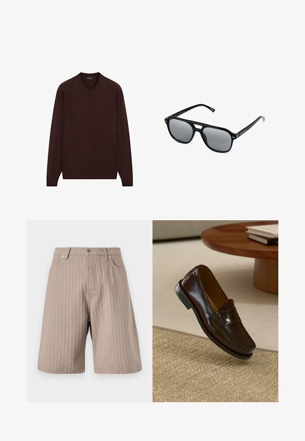 Maglione bordeaux con scollo tondo, maniche lunghe e polsini e orlo a coste, realizzato in un morbido tessuto testurizzato.; Pantaloni corti color marrone chiaro a righe sottili con taglio dritto. Presentano una cerniera frontale, due tasche laterali e una chiusura con bottone metallico.; Mocassini in pelle marrone con finitura lucida, caratterizzati da un dettaglio cucito sulla parte anteriore e una suola in gomma nera a profilo basso.; Occhiali da sole neri con montatura rettangolare, lenti grigie oscurate e design con intaglio sul ponte. Materiale plastico lucido e slanciato, con tempie sottili.