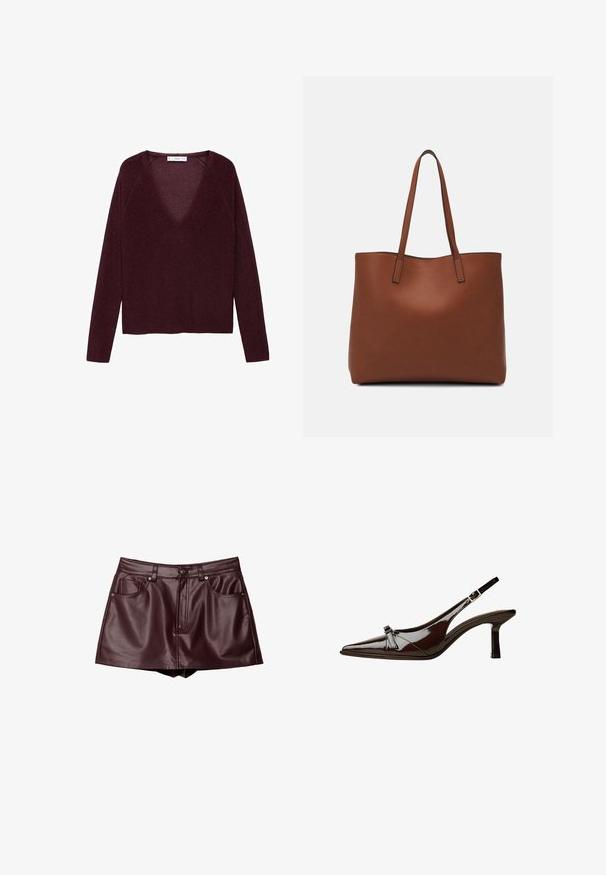 Bordeaux langemouwtrui met een diepe V-hals en ribbelstructuur, met raglanmouwen en een ontspannen pasvorm.; Bordeaux nep-leer mini-rok met twee voorkanten zakken, zichtbare stiksels, een ritssluiting aan de voorkant en knoopsluiting. Gladde, strakke textuur.; Bruine gepatineerde leren slingback schoen met een spitse neus, lage hak en een decoratieve strikaccent aan de voorkant. Glad, glanzend oppervlak.; Bruine leren tote bag met een gladde textuur, een ontwerp met een open bovenkant en twee schouderbanden. Kenmerkt zich door minimale stiksels en geen zichtbare hardware.