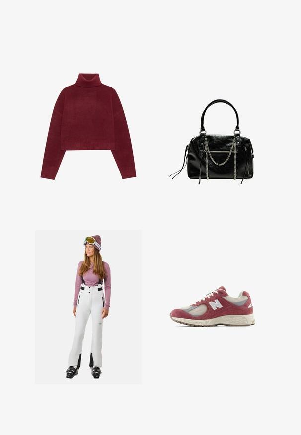 Bordeaux coltrui met een cropped ontwerp, gemaakt van zachte stof, met geribbelde accenten op de kraag en de zoom.; Witte sneeuwbroeken met zwarte accenten, verstelbare schouderbanden en met rits afgesloten zakken. Gecombineerd met een lichtpaarse lange mouwen top en skibril.; Roze suède sneakers met mesh panelen, witte accenten en een gestructureerde rubberen zool. Heeft een ronde neus en gestikte details.; Bershka WITH CHAIN - Handtas - black