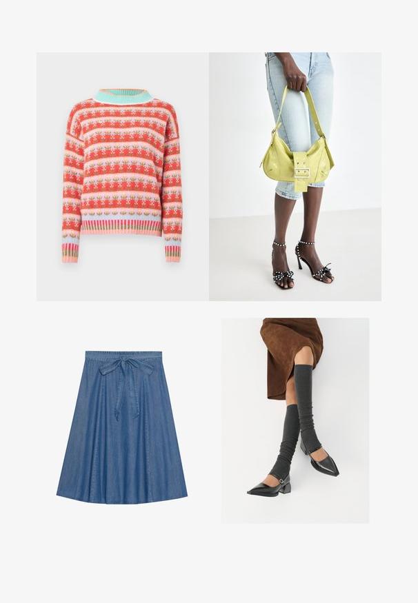 Pletený svetr s květinovým vzorem v červené, růžové a zelené barvě, s světle modrým žebrovaným límcem a spodním lemem. Volný střih s dlouhými rukávy.; Džínová sukně ve středně modrém odstínu. Má skládací pas s detailem na zavázání. A-line tvar s hladkou texturou a délka ke kolenům.; Černé lakované boty s špičatou špičkou, blokovým podpatkem a kotníkovým páskem, spárované s šedými žebrovanými návleky na nohy a hnědskou sukní z semiše.; Žlutá perforovaná kabelka s detaily přezky a nastavitelným popruhem, spárovaná s denimovými šortkami a černými sandály na vysokém podpatku s mašlemi.