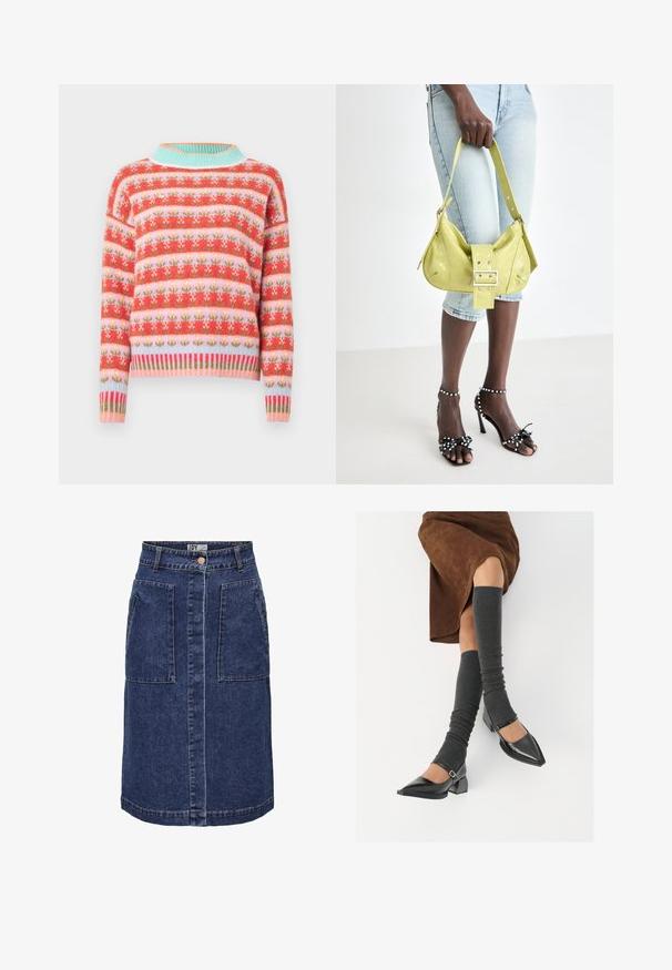 Adīts džemperis ar sarkanu, rozā un zaļu ziedu rakstu, gaiši zilu ribota apkakli un apakšu. Brīvs siluets ar garām piedurknēm.; Tumši zilo džinsu A formas svārku ar divām lielām priekšējām kabatām, centrālo pogu aizdari un kontrastējošiem šuvju rakstiem.; Melnas laka ādas apavi ar norādītu purngalu, blokveida papēdi un potīšu jostu, saskaņoti ar pelēkām ribotām kāju sildītājām un brūnu zamšādas svārku.; Dzeltena caurumi izgriezta soma ar sprādzi un regulējamu siksnu, apvienota ar džinsu šortiem un melniem augstpapēžu sandāliem ar lentēm.