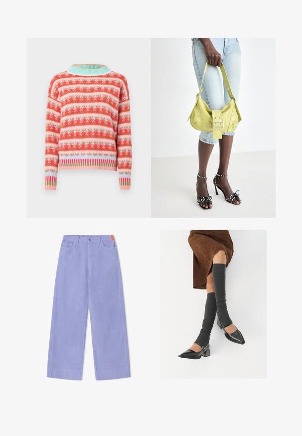 Pull en maille avec un motif floral rouge, rose et vert, col et bas côtelés bleu clair. Coupe décontractée avec manches longues.; Pantalon à jambes larges en tissu côtelé violet clair, avec une fermeture à boutons sur le devant, deux poches et un accent orange sur la ceinture.; Chaussures à bout pointu en cuir verni noir avec un talon bloc et une bride à la cheville, accompagnées de jambières en maille grise et d'une jupe en daim marron.; Sac à main perforé jaune avec détail de boucle et bandoulière réglable, associé à un short en denim et des sandales à talons noirs ornées de nœuds.