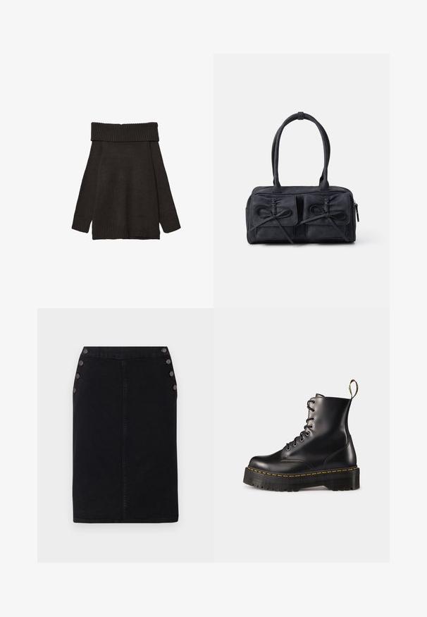 Stradivarius EXPOSED SHOULDER - Strickpullover - brown; Schwarzer Jeans-Bleistiftrock mit gerader Silhouette, ausgestattet mit großen dekorativen Knöpfen auf der linken Seite und einer vorderen Nahtdetail.; Schwarze Leder-Schnürstiefel mit knöchelhohem Schaft, einer robusten schwarzen Sohle und gelben Nähten. Verfügt über eine Lasche hinten und runde Metallösen.; Schwarze Stoffhandtasche mit zwei vorderen Taschen, die mit Schleifendetails versehen sind, doppelten Griffen und einem Reißverschluss. Weiche Textur und rechteckige Form.