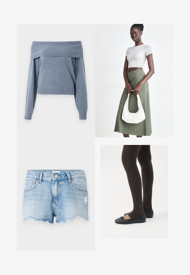 Gaiši zils bezplecu džemperis ar ribinātu kakla izgriezumu un aprocēm. Mīksta tekstūra, īsāks dizains un garas piedurknes.; Gaiši zili denima šorti ar saplēstu mali, piecu kabatu dizainu un nelielu nodilumu priekšpusē. Metāla pogas aizdare.; Melnas plakano formas kurpes ar mazu loku uz pirksta, apvienotas ar tumši brūnām ribotām zeķubiksēm. Kurpēm ir gluda tekstūra un zems profils.; Pelēks ribots īsais tops un olīvzaļš augstās vidukļa svārki. Modelis tur baltu plecu somu ar izgriezumiem. Vienkāršs dizains, pieguloša silueta.