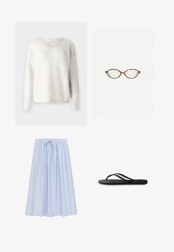 Maglione grigio chiaro a maniche lunghe realizzato in un materiale morbido e peloso, con scollatura rotonda e vestibilità rilassata. Senza motivi visibili o accessori.; Gonna azzurra chiara, a lunghezza ginocchio, con una vestibilità ampia, dotata di una vita elastica e lacci regolabili. Tessuto morbido e leggero.; Infradito neri con suola in gomma testurizzata, due cinghie sottili e un sottile dettaglio del logo impresso sulla cinghia.; Occhiali in tartaruga con lenti ovali e una finitura liscia e elegante. Presentano aste sottili con una leggera curva alle tempie. Lenti trasparenti.