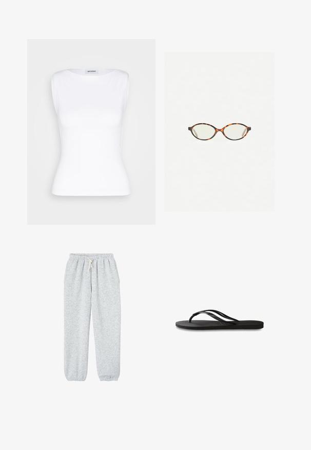 Svetar svetlo sivoj barvi z dolgimi rokavi, izdelan iz mehkega in puhastega materiala, z okruglim izrezom in sproščenim krojem. Brez vidnih vzorcev ali kovinskih delov.; Bela brezrokavna majica z zaobljenim izrezom, izdelana iz gladkega materiala. Prilegajoča se zasnova, ki se zoži proti pasu, s oznako "WEEKDAY."; Sive trenirke iz mehkega materiala, z elastičnim pasom z vrvico in elastičnimi manšetami na gležnjih.; Črne natikače z teksturirano gumijasto podlogo, dvema ozkima trakoma in subtilnim, vtisnjenim logom na traku.; Kornjačaste očala z ovalnimi lečami in gladko, sijočo površino. Imajo tanke stranice z rahlim ovinkom na templjih. Prosojne leče.