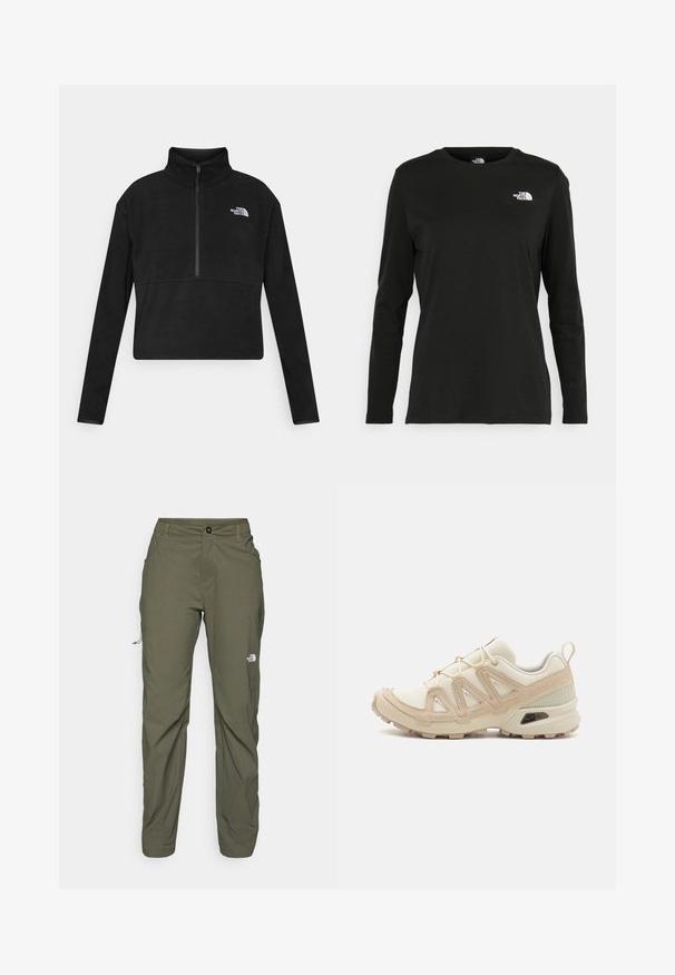 Črn flis pulover z visokim ovratnikom, zadrgo do polovice spredaj in belim logotipom znamke The North Face na levem prsnem delu. Dolgi rokavi.; Črna majica z dolgimi rokavi iz bombaža z okroglo izrezom. Ima majhen bel logotip na levem prsnem delu. Enostaven dizajn in prileganje.; The North Face EXPLORATION PANTS - Hlače za na prostem - new taupe green; Bež in krem športni čevlji z teksturiranim mrežastim zgornjim delom, podpornimi prekrivali in gumijastim podplatom z vzorcem za oprijem.