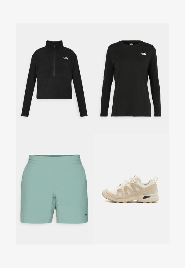 Juodas fliso puloveris su aukštu apykaklė, pusiau užtrauktuku priekyje ir baltu The North Face logotipu kairiajame krūtinės pusėje. Ilgos rankovės.; Juodas ilgomis rankovėmis medvilninis marškinėliai su apvali apykakle. Savybė - mažas baltas logotipas kairėje krūtinės pusėje. Paprastas dizainas ir pritaikymas.; Šviesiai žali šortai, pagaminti iš minkštos medžiagos, su lygiomis juostos ir mažuoju juodu logotipu apatinėje dalyje. Paprastas, funkcionalus dizainas.; Bežinės ir kreminės spalvos sportinės bateliai su tekstūruoto tinklelio viršutine dalimi, palaikančiomis detalėmis ir guminiais padais, turinčiais raštą, užtikrinantį sukibimą.