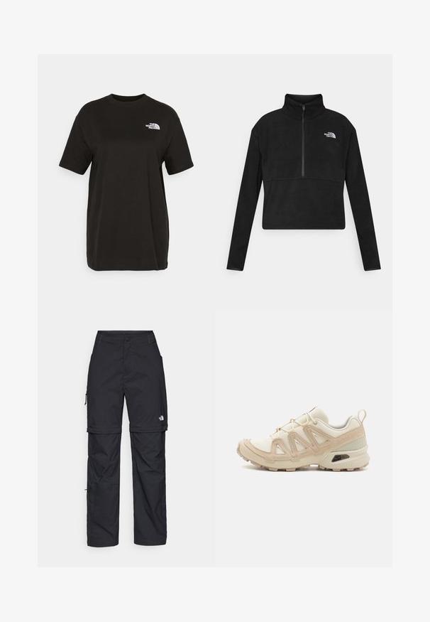 Sort fleece-pullover med høj krave, halv-lynlås foran, og den hvide logo fra The North Face på venstre bryst. Lange ærmer.; Sort bomulds t-shirt med korte ærmer, rund hals og et lille hvidt logo på venstre bryst. Glat tekstur, afslappet pasform.; Sorte nylon cargo bukser med lynlås, justerbare manchetter, flere lommer og et logo på højre ben. Glat, let tekstur.; Beige og creme atletiksko med struktureret mesh-overdel, støttende overlays og gummiyderside med et mønster for trækkraft.