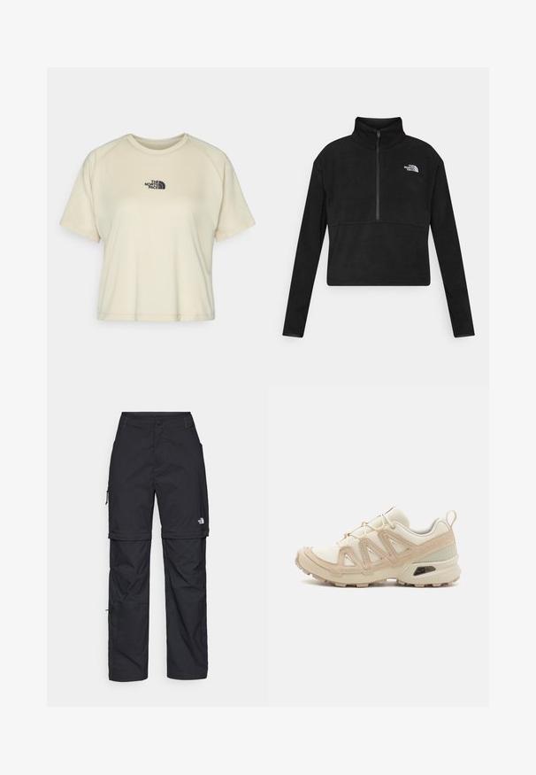Pulôver de fleece preto com gola alta, fecho de meio zíper na frente e o logotipo branco da The North Face no lado esquerdo do peito. Mangas longas.; T-shirt de mangas curtas, cor creme, com gola redonda e mangas raglan. Apresenta um logo bordado em preto na parte superior do peito.; Calças cargo pretas em nylon com fechos de correr removíveis, punhos ajustáveis, múltiplos bolsos e um logótipo na perna direita. Textura suave e leve.; Sapatilha atlética beige e creme com parte superior em malha texturizada, sobreposições de suporte e sola de borracha com um padrão de cravo para tração.
