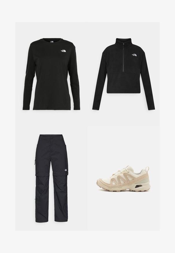 Must mustriga pullover musta värvi, kõrgema kraega, pooltõmblukuga esiosa ja valge The North Face logo vasakul rinnal. Pikkade varrukatega.; Must mustahiheline T-särk, millel on pikad varrukad, valmistatud puuvillast ja ümarast kaelusest. Vasakul rinnal on väike valge logo. Lihtne disain ja sobivus.; Mustad nailonist valmistatud eemaldatavad cargo-püksid, reguleeritavate pahkluudega, mitmete taskutega ja paremal jalal logoga. Sile, kerge tekstuur.; Beež ja koobalti spordijalats tekstureeritud võrkkattega, toetavad ülemised kihid ja kummist tallaga, millel on mustriga joonistus haardeks.