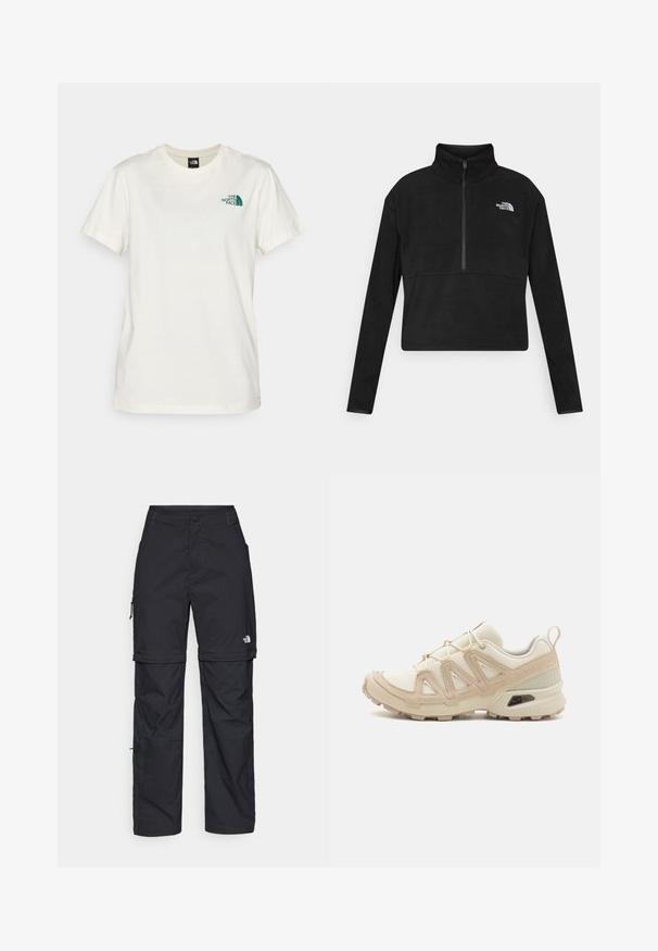 Pulover negru din fleece, cu guler înalt, fermoar la jumătate în față și logo-ul alb The North Face pe partea stângă a pieptului. Mâneci lungi.; The North Face BOX RELAXED TEE - Tricou cu imprimeu - white dune/evergreen; Pantaloni cargo din nylon negru, cu fermoar detașabil, manșete ajustabile, multiple buzunare și un logo pe piciorul drept. Textură netedă și ușoară.; Pantofii sport bej și crem au un superior din plasă texturată, suprapuneri de susținere și o talpă din cauciuc cu un model de profil pentru aderență.