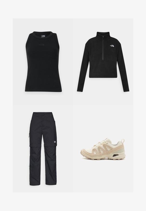 Must mustriga pullover musta värvi, kõrgema kraega, pooltõmblukuga esiosa ja valge The North Face logo vasakul rinnal. Pikkade varrukatega.; Mustmustri mustikas top, millel on ümmargune kaelus ja ilma varrukateta disain. Sisaldab diskreetset logo rinnal ja sujuvat tekstuuri.; Mustad nailonist valmistatud eemaldatavad cargo-püksid, reguleeritavate pahkluudega, mitmete taskutega ja paremal jalal logoga. Sile, kerge tekstuur.; Beež ja koobalti spordijalats tekstureeritud võrkkattega, toetavad ülemised kihid ja kummist tallaga, millel on mustriga joonistus haardeks.