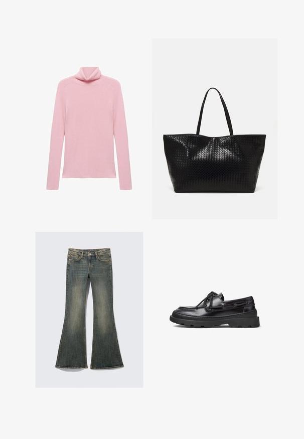 Rosa långärmad ribbade tröja med en vikt hög krage, uppvisad liggande på en vit bakgrund.; Mörkblå satinblus med lång ärm, krage, framknäppning och sidfickor. Slät textur och skräddarsydd passform.; Uppvikta denimjeans i en blekt blå färg med en klassisk femfickorsdesign, som har en lätt struktur och synliga sömnadsdetaljer.; Svarta läderskor för båt med rund tå, snörningsdesign, sydda detaljer och en kraftig gummisula med ett mönster för bra grepp.; Svart vävd strandväska med två stadiga handtag, med en glänsande yta och en rymlig öppen toppdesign.