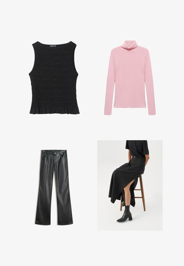 Ružový dlhý rukáv rebrovaný sveter s preloženým golierom, vystavený na bielom pozadí.; Čierny bezrukávový top s riasenou textúrou, okrúhlym výstrihom a rozšíreným lemom. Látka je mäkká a elastická. Žiadny viditeľný kov alebo vzory.; Čierne faux kožené rozšírené nohavice s hladkou textúrou, dizajnom s piatimi vreckami, predným zipsom a kontrastným šitím.; Čierna ľanová maxi sukňa s vysokým rozparkom, nosená s čiernym tričkom a čiernymi členkovými čižmami. Minimalistický dizajn s voľným strihom.
