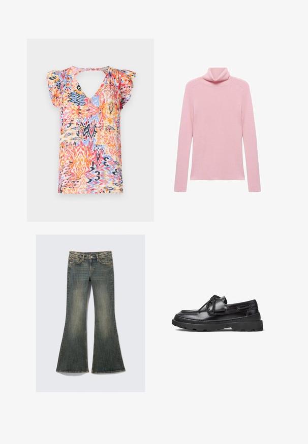 Roze dugih rukava rebrasti pulover s preklopljenim turtleneck ovratnikom, prikazan ravno na bijeloj pozadini.; Šarena majica s kratkim rukavima s dubokim V-izrezom, koja sadrži živopisni apstraktni uzorak u ružičastim, narančastim, plavim i žutim tonovima.; Razflare traperice u izblijedjelo plavoj boji s klasičnim dizajnom od pet džepova, s blagom teksturom i vidljivim šavnim detaljima.; Crne kožne brodske cipele s zaobljenim prstima, vezivanjem, šivanim detaljima i debelim gumeni potplat s teksturiranim uzorkom za bolje prianjanje.
