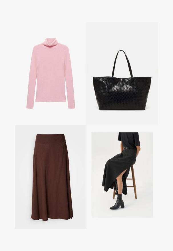 Roza dolga majica z rebrasto strukturo in zloženim ovratnikom, prikazana na ravni beli podlagi.; Rjava maksi krila z gladko teksturo, širokim elastičnim pasom in tekočim dizajnom, primerna za vsakodnevno ali polformalno nošenje.; Črna lanena maxi krilo z visokim razporkom, oblečeno s črno majico in črnimi gležnjarji. Minimalističen dizajn z udobnim krojem.; Črna tkanina torba s trdnimi ročaji, ki ima sijočo teksturo in prostoren odprt zgornji dizajn.