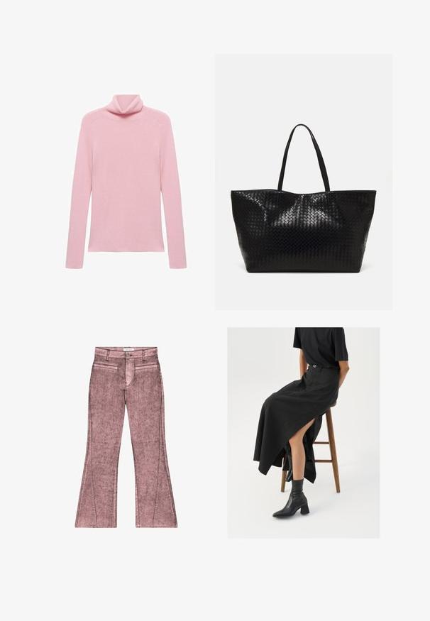 Różowy sweter z długim rękawem i prążkowanej dzianiny z założonym kołnierzem typu stójka, wyeksponowany na płasko na białym tle.; Różowe dżinsy w fasonie dzwonów z wyblakłą teksturą, posiadające dwie przednie kieszenie, zamek błyskawiczny z przodu oraz detale przeszycia wzdłuż szwów.; Czarna lniana spódnica maxi z wysokim rozcięciem, noszona z czarnym t-shirtem i czarnymi botkami sięgającymi kostek. Minimalistyczny design z luźnym krojem.; Czarna pleciona torba na ramię z dwoma mocnymi uchwytami, charakteryzująca się błyszczącą powierzchnią i przestronnym otwartym topem.