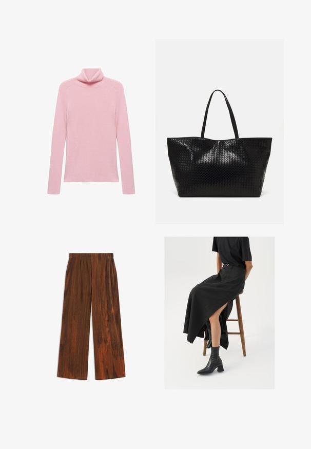 Pink long-sleeve ribbed sweater with a folded turtleneck collar, displayed flat on a white background.; Brown wide-leg pants with a pleated texture, featuring vertical stripes and a soft finish. Elastic waistband for comfort.; Black linen maxi skirt with a high slit, worn with a black t-shirt and black ankle boots. Minimalistic design with a relaxed fit.; Black woven tote bag with two sturdy handles, featuring a glossy texture and a spacious open top design.