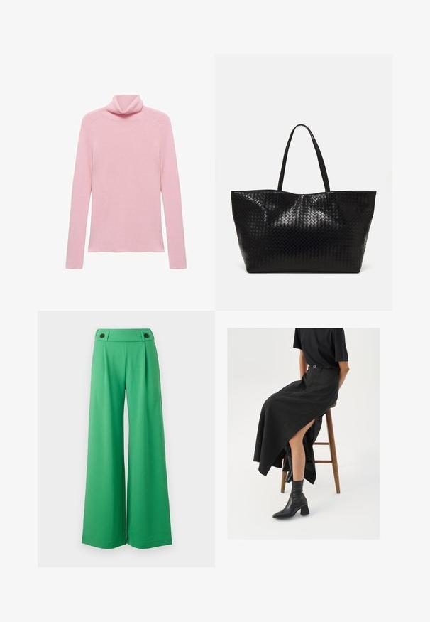 Roze dugih rukava rebrasti pulover s preklopljenim turtleneck ovratnikom, prikazan ravno na bijeloj pozadini.; Hlače širokog kroja napravljene od svijetlozelene tkanine, s uskim strukom i dva crna dugmeta kao ukras sprijeda. Glatka textura.; Crna lanena maksi suknja s visokom prorezom, nosi se s crnom majicom i crnim gležnjačama. Minimalistički dizajn s opuštenim krojem.; Crna tkana torba s dva čvrsta držača, s sjajnom teksturom i prostornim dizajnom bez zatvaranja.