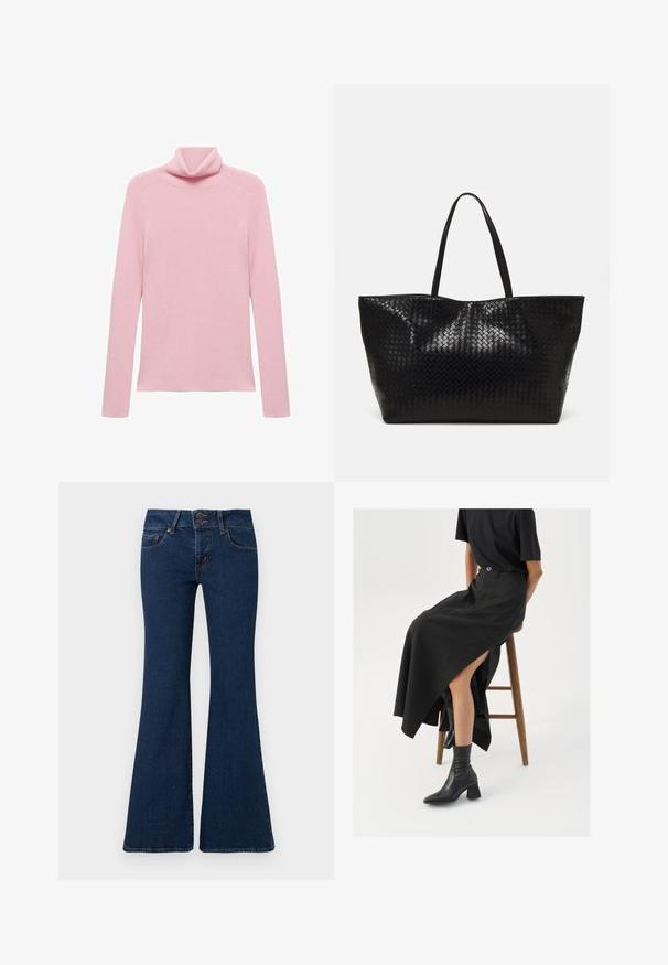 Pulover roz cu mânecă lungă, din material ribbed, cu guler înalt pliabil, expus plat pe un fundal alb.; Blugi evazați de culoare bleumarin din denim, cu închidere prin fermoar și două butoane, buzunare frontale și detalii cusute pe laterale.; Fustă maxi din in negru cu o fanta înaltă, purtată cu un tricou negru și cizmulițe negre până la gleznă. Design minimalistic cu o croială lejeră.; Geantă de umăr țesută neagră, cu două mânere rezistente, având o textură lucioasă și un design deschis, spațios la partea superioară.