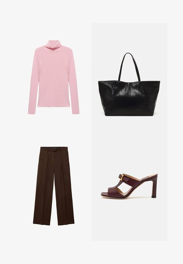 Pink long-sleeve ribbed sweater with a folded turtleneck collar, displayed flat on a white background.; Brown wide-leg trousers with a smooth texture, front pleats, and side pockets. Flat waistband design with a hidden closure.; Burgundy high-heeled sandals with open toe, featuring a cut-out design and a gold buckle accent on the side. Smooth leather finish.; Black woven tote bag with two sturdy handles, featuring a glossy texture and a spacious open top design.