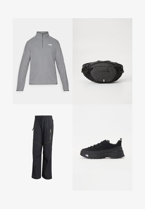 The North Face M GLACIER FLEECE 1/4 ZIP JACKET - Fleecetröja - grey heather; Svarta utomhusbyxor i lätt material, med dragsko i midjan, sidofickor och gula sömdekorationer.; Svart utomhussko med ovandel i mocka, texturerad gummisula och robust snörningssystem. Har en förstärkt häl och varumärkeslogotyp på sidan.; Svart och grå midjeväska med rutmönster, justerbara remmar, två blixtlåsfack och en varumärkeslogotyp på fronten.