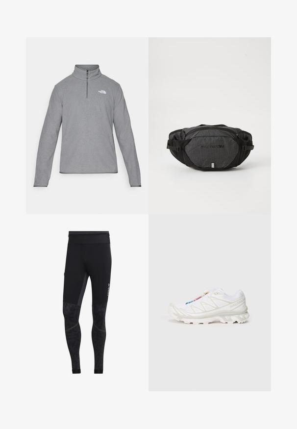 The North Face M GLACIER FLEECE 1/4 ZIP JACKET - Fleecepullover - grey heather; Schwarze Sportleggings mit glatter Textur, die ein gemustertes Unterschenkelteil, einen breiten Bund und reflektierende Markenkennzeichnung an der Seite aufweisen.; Weiße Sportlich-Schuh mit strukturiertem Mesh-Obermaterial, reflektierenden Akzenten und einer gepolsterten Sohle. Auffälliges Markenlogo an der Seite.; Schwarze und graue Hüfttasche mit einem Karomuster, verstellbaren Riemen, zwei Reißverschlusstaschen und einem Markenlogo auf der Vorderseite.
