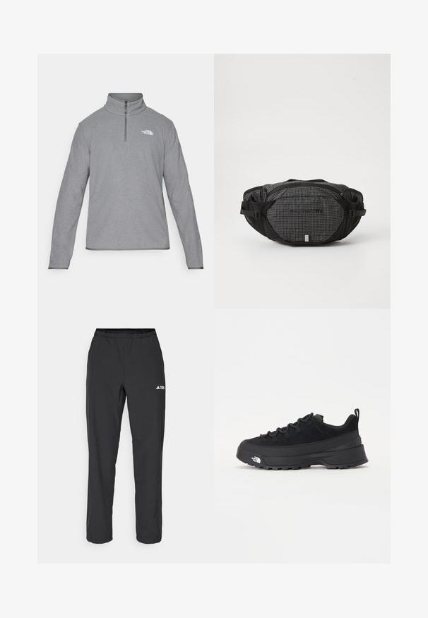 The North Face M GLACIER FLEECE 1/4 ZIP JACKET - Flīsa džemperis - grey heather; Melni sporta bikses ar elastīgu jostasvietu, taisnām kājām un mazu balto logotipu kreisajā pusē. Izgatavotas no viegla auduma.; Melni āra sporta apavi ar zamšādas virsu, teksturētu gumijas zoli un izturīgu auklu sistēmu. Iezīmēts ar pastiprinātu papēdi un zīmola logo sānu daļā.; Melnas un pelēkas jostas soma ar režģa rakstu, regulējamām siksnām, divām ar rāvējslēdzējiem aizveramām kabatām un zīmola logo priekšpusē.