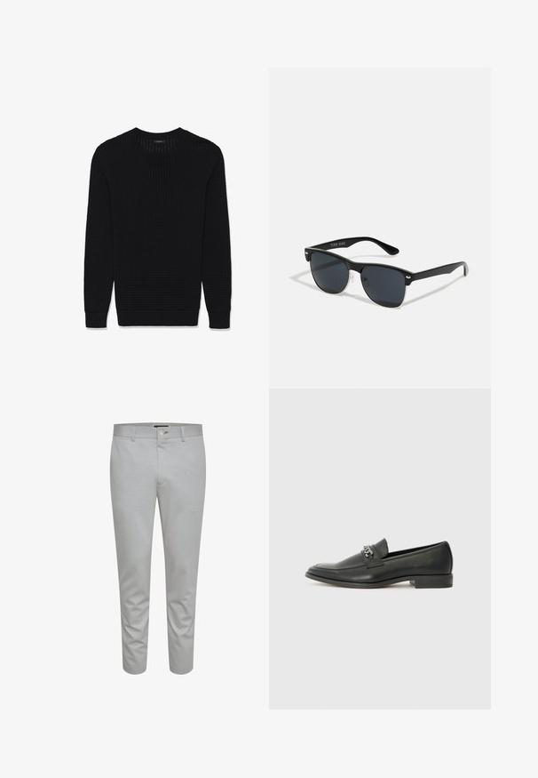 Crni pleteni džemper dugih rukava s okruglim izrezom, s rebrastim manžetama i rubom, s teksturiranim vafel uzorkom.; Svijetlosivi krojeni hlače s glatkom teksturom, s kopčanjem na dugme, petljama za remen i prednjim džepovima. Dizajn skraćene dužine do gležnja.; Crna kožna loafer cipela s glatkom finišem, s ušivenim uzorkom i dekorativnim metalnim lancem preko prednjeg dijela. Ravni potplat.; Crne sunčane naočale pravokutnog oblika, tamne leće, srebrni detalji na sljepoočnicama i matirajuća završna obrada okvira.