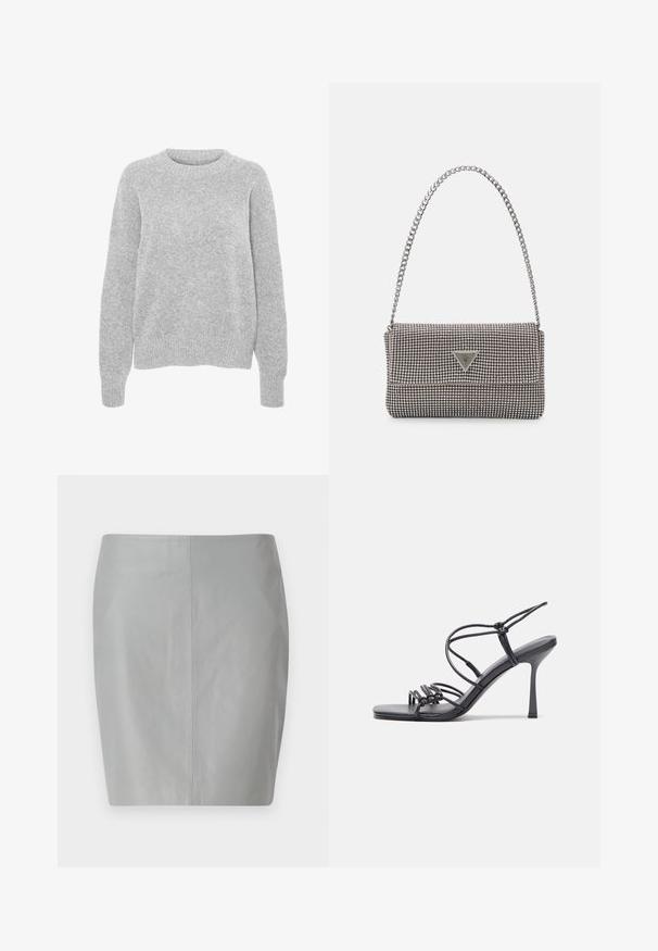 Harmaa neulottu paita pitkillä hihoilla, pyöreällä kaula-aukolla, ribbireunuksilla ja helmalla, jossa on pehmeä tekstuuri ja rento istuvuus.; Harmaa nahkainen kynähame, jossa on sileä pinta, yksinkertainen muotoilu ja pystysuora sauma keskellä takana.; Mustat korkokengät sandaalit, joissa on ohuet hihnat solmittuna, sileä neliön muotoinen varvasosa ja tyylikäs stiletto-korko.; Vaalea harmaa metallinen käsilaukku, jossa on ketjusanka. Laukku on koristeltu pienillä pyöreillä metallikoruilla ja kolmion muotoisella brändilogolla.; Hopehopeet hopehopeet hopehopeet hopehopeet, jolla on sileä, kiiltävä pinta. Pyöreä muoto, kevyt rakenne, jossa on neulakiinnitys.