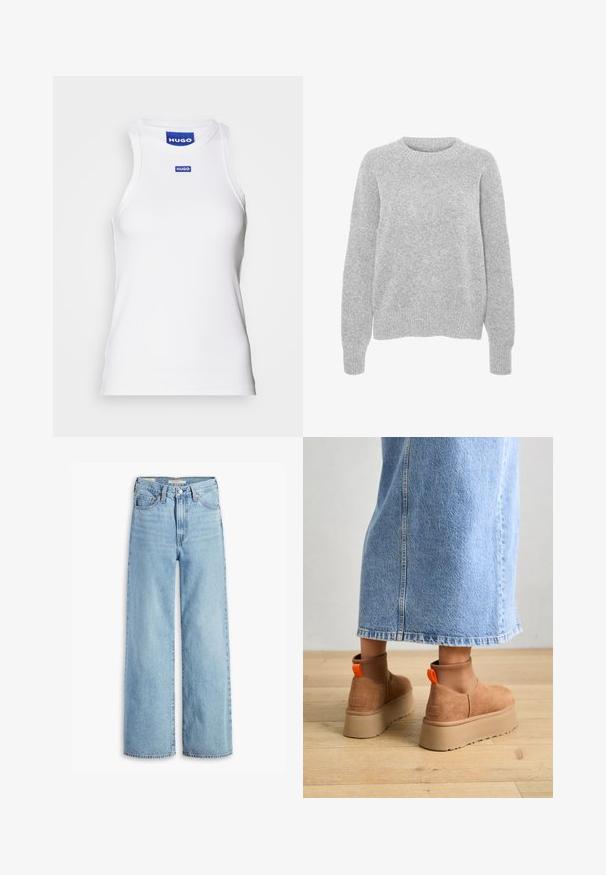 Grå strikket sweater med lange ærmer, rund halsudskæring, ribbede manchetter og kant, med en blød struktur og afslappet pasform.; Hvid ærmeløs tanktop lavet af ribbet stof, med en rund halsudskæring og et blåt "HUGO"-mærke nær kraven. Glat tekstur.; Højtaljede, lyseblå, vide bukser med knap og lynlås fortil, bæltestropper og fem lomme-stil.; Brune ruskinds platform støvler med elastiske sidepaneler og orange trækstropper, parret med en knælang lys denimnederdel på et trægulv.