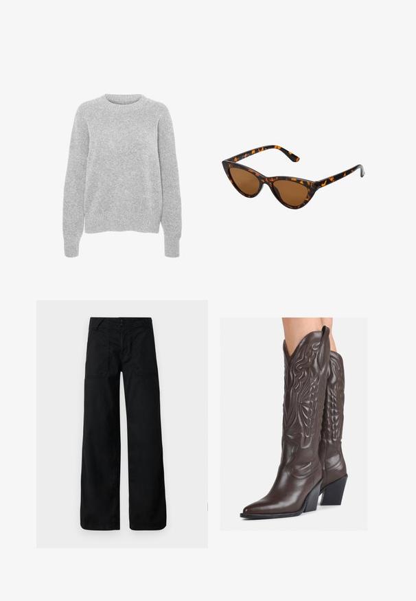 Sivkasta pleteno pulover z dolgimi rokavi, okroglim izrezom, rebrastimi manšeti in obesom, ki se ponaša z mehko teksturo in sproščenim krojem.; Črne široke hlače z gladko teksturo, ki imajo gumbasto zapiranje ter sprednje žepke z dekorativnimi šivi in očesnimi detajli.; Rjave usnjene kavbojske čevlje z ostrim nosom in blok peto, ki vsebujejo podrobno šivanje in dvignjene dodatke na zgornjem delu.; Mačje oči sončna očala z okvirom v črno-oranžni želvej ohišji, rjavimi lečami in elegantnimi, ostrimi konicami. Imajo minimalistični logo na ročaju.; Črna hobo torba iz gladkega materiala, ki spominja na usnje, s prepletenim ročajem, ki ima mehak, zaobljen obliko in zgornje zadrgo.