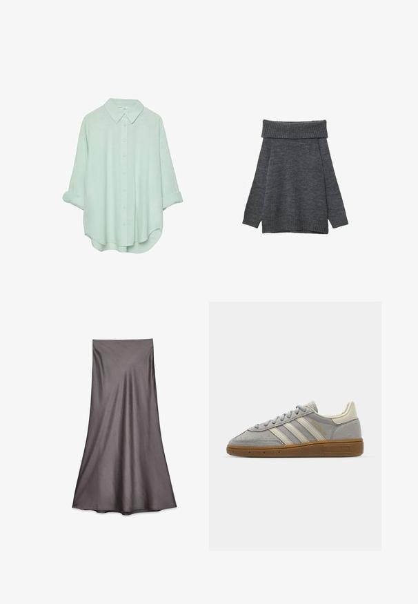 Tummanharmaa neulepaita, jossa on leveä, ribattu olkaimeton kaula-aukko. Pitkät hihat ja väljä malli, ribatut hihansuut ja helma. Pehmeä rakenne.; Vihreä mintunvärinen napitettava paita, jossa on kaulus, käärityt hihat ja rento istuvuus. Valmistettu kevyestä, pehmeästä kankaasta, jossa on sileä pinta.; Harmaa satiinimidi-hame, joka on sileäpintainen ja virtaava muotoilu. Ominaisuudet suora leikkaus, joka ulottuu polven alapuolelle, ilman koristeita.; Harmaat mokka-tennarit, joissa on vaaleanharmaat nahkaviivat ja kumipohja. Ominaisuuksiin kuuluvat nauhakiinnitys ja huomaamaton brändäys kielen kohdalla.