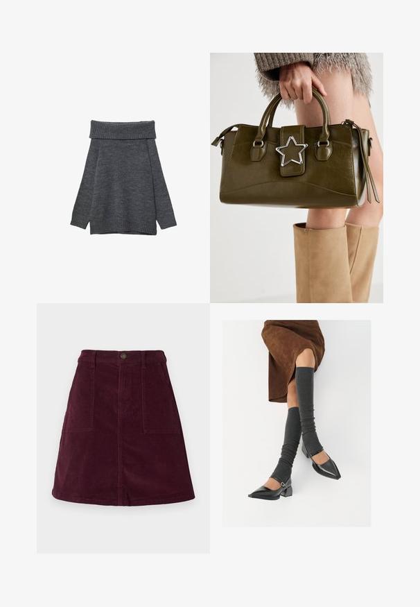 Tmavě šedý svetr s širokým, žebrovaným výstřihem na jednom rameni. Dlouhé rukávy a volný střih s žebrovanými manžetami a spodním lemem. Měkká textura.; Burgundská manšestrová sukně áčkového střihu s dvěma předními kapsami, zapínáním na knoflíky v pase a texturovaným povrchem.; Černé lakované boty s špičatou špičkou, blokovým podpatkem a kotníkovým páskem, spárované s šedými žebrovanými návleky na nohy a hnědskou sukní z semiše.; Olivově zelená kabelka z imitace kůže se stříbrnou hvězdou, dvojitými rukojeťmi a zipovým uzávěrem. Texturovaný povrch a strukturovaný tvar.