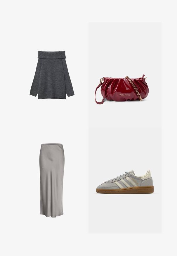 Pull gris foncé avec un large col bateau à côtes. Manches longues et coupe ample avec des poignets et un ourlet côtelés. Texture douce.; Jupe midi en satin gris avec une texture lisse, un léger éclat et un ourlet évasé, présentant un design simple et épuré.; Baskets en suède gris avec des rayures en cuir gris clair et une semelle en caoutchouc caramel. Les caractéristiques incluent un laçage et un branding discret sur la languette.; Sac à main en cuir verni bordeaux avec un design plissé, des accessoires dorés et une bandoulière réglable avec l'inscription "VALENTINO".