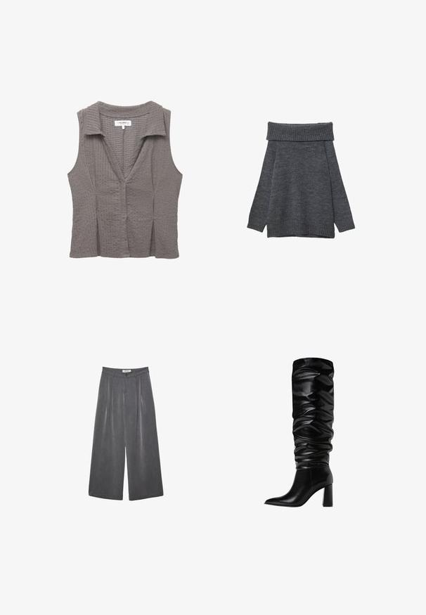 Dunkelgrauer Pullover mit weitem, geripptem, schulterfreiem Ausschnitt. Lange Ärmel und eine lockere Passform mit gerippten Bündchen und Saum. Weiche Textur.; Graues ärmelloses Oberteil mit strukturiertem Strickdesign, das einen Kragen und einen V-Ausschnitt aufweist. Der Stoff wirkt weich mit dezenten Musterdetails.; Faltenhose mit weitem Bein aus einem dunkelgrauen Stoff mit subtiler Textur. Verfügt über einen Knopfverschluss und ein klassisches Design des Bunds.; Knöchelhöhe schwarze Lederstiefel mit einem lässigen Design, spitz zulaufender Zehenpartie und einem massiven Blockabsatz, ausgestattet mit einer glatten, glänzenden Oberfläche.