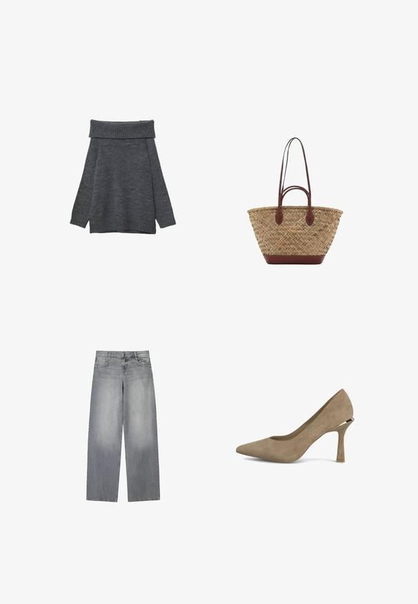 Maglione grigio scuro con un ampio scollo a costine a spalla scoperta. Maniche lunghe e vestibilità morbida con polsini e orlo a costine. Texture morbida.; Jeans in denim grigio a gamba larga con una finitura leggermente sbiadita, dotati di cinque tasche, chiusura frontale con bottone e passanti per cintura.; Pump beige in suede con tacco alto e punta affilata, dotato di un tacco geometrico unico. Texture liscia con dettagli di cucitura minimi.; Borsa tote in paglia intrecciata con texture a treccia, manici e base in pelle marrone scuro, forma circolare larga e design con apertura superiore.